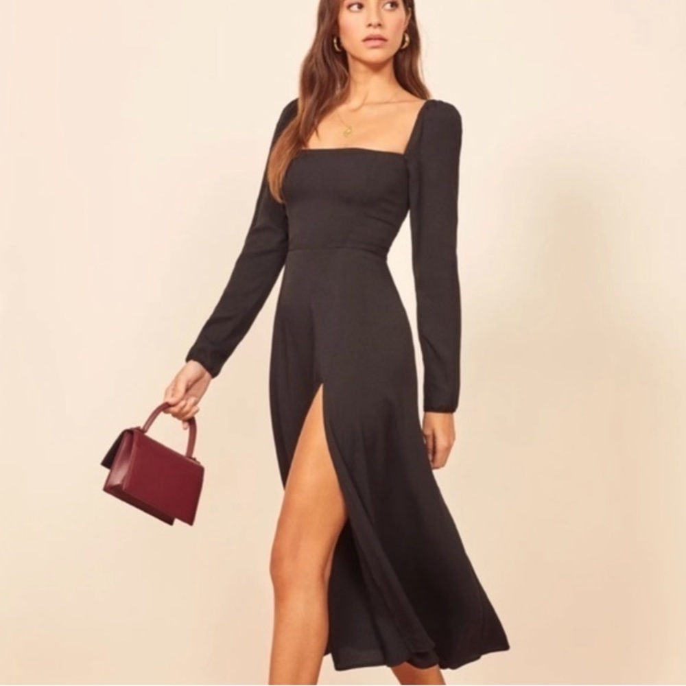Reformation Sigmund Slit Cut Puff Shoulder Sleeve Square Neck Black Dress 12